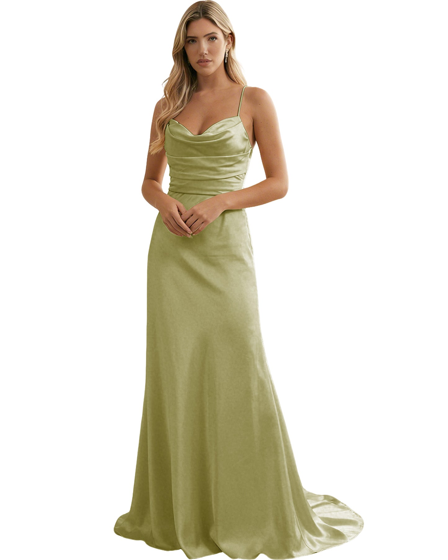 Spaghetti Straps Ruched Satin Floor Length Bridesmaid Dress
