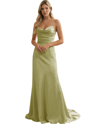 Spaghetti Straps Ruched Satin Floor Length Bridesmaid Dress