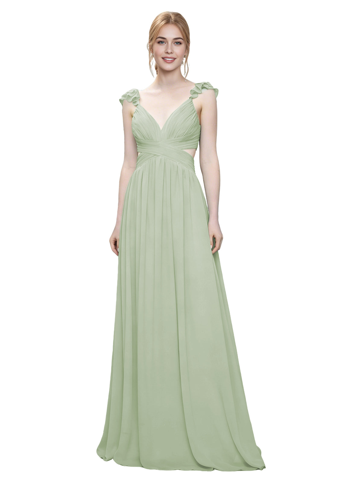 Ruffle Strap V-Neck Tulle Bridesmaid Dress with Pleated Waist