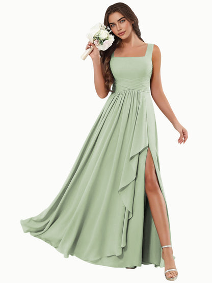 Square Neck Chiffon Bridesmaid Dress with Corset Back and Slit