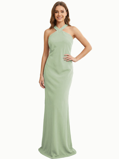 High Neck Halter Bridesmaid Dress with Sleek Column Silhouette