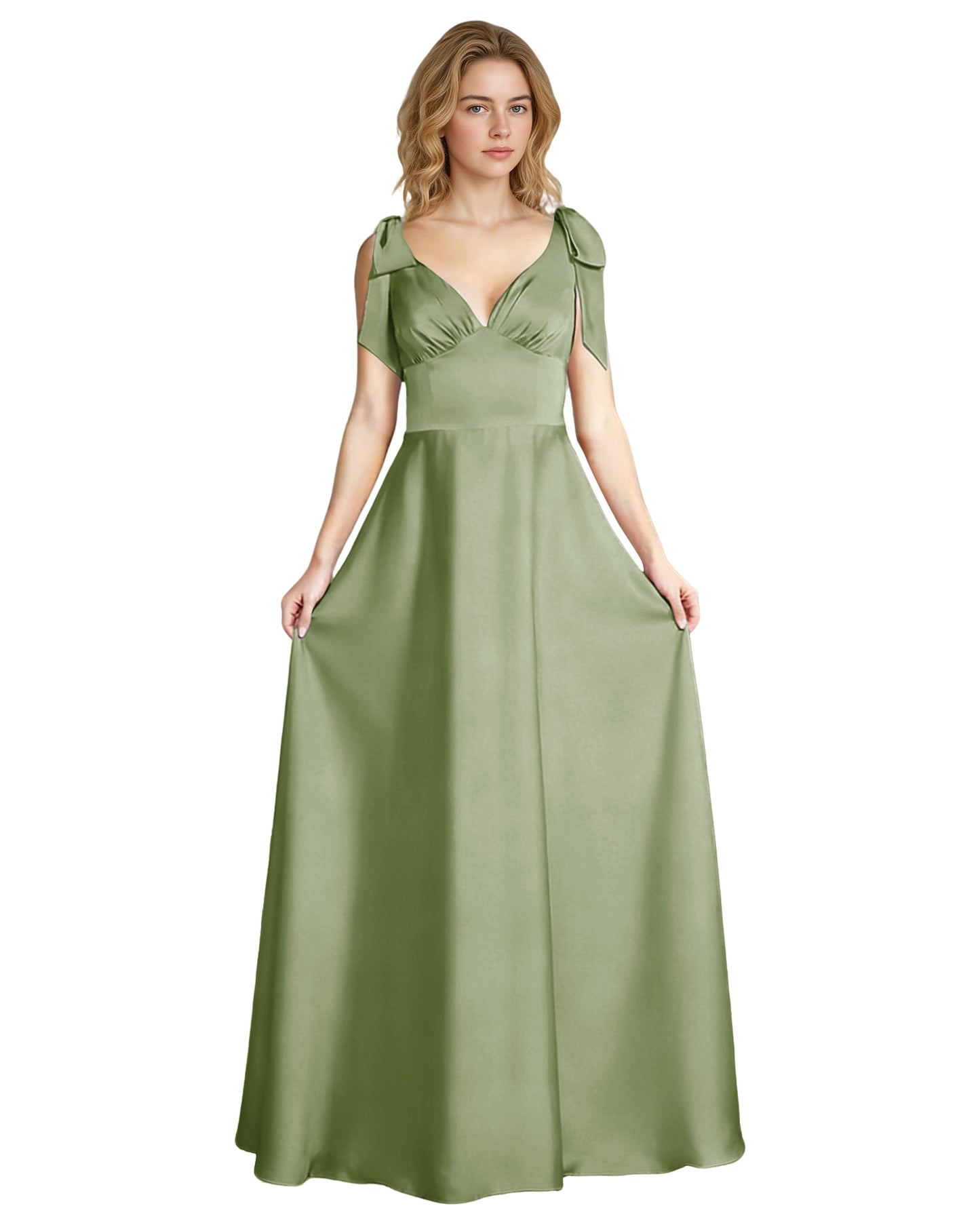 V-Neck Bow Strap Satin Bridesmaid Dress with Empire Waist