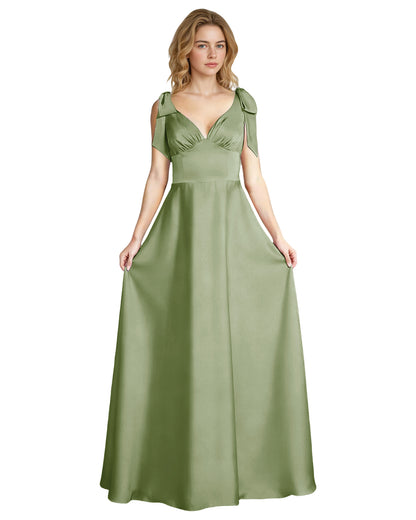 V-Neck Bow Strap Satin Bridesmaid Dress with Empire Waist