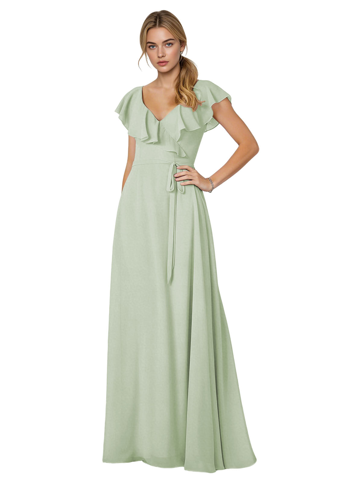 Tie Neck Chiffon Bridesmaid Dress with Flutter Sleeves