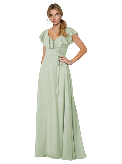 Tie Neck Chiffon Bridesmaid Dress with Flutter Sleeves