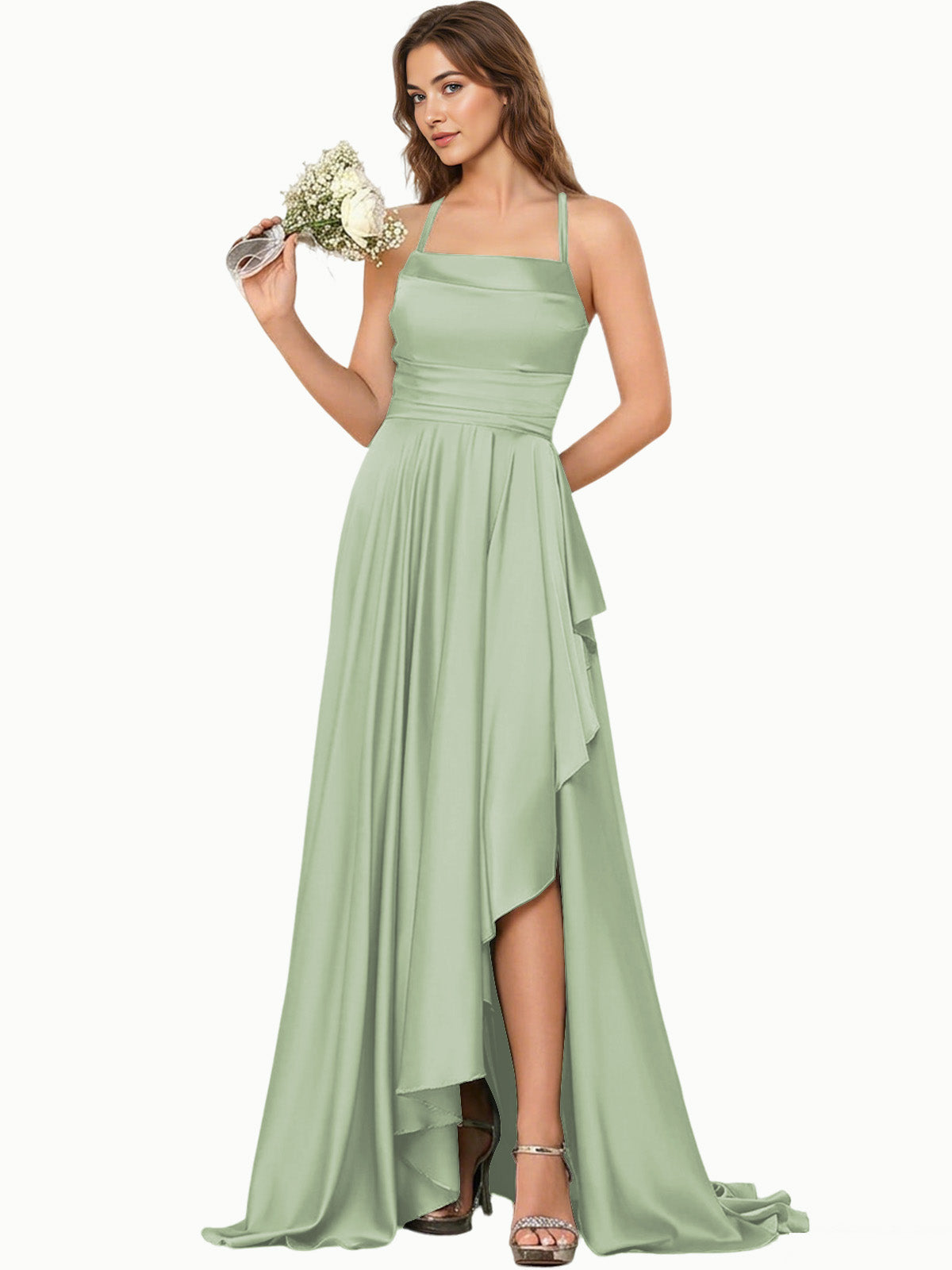 Open Back Halter Bridesmaid Dress with High Low Overlay dress