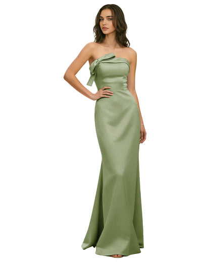 Strapless Satin Bridesmaid Dress with Draped Bodice and Side Slit