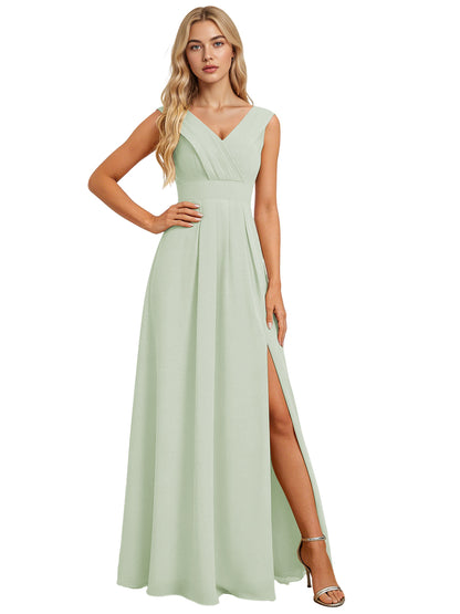 Surplice V-Neck Chiffon Bridesmaid Dress with A-Line Slit dress