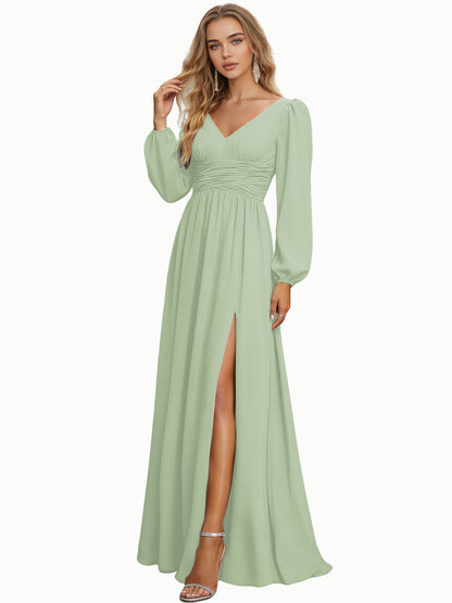 Long Sleeve V-Neck Chiffon Bridesmaid Dress with Front Slit