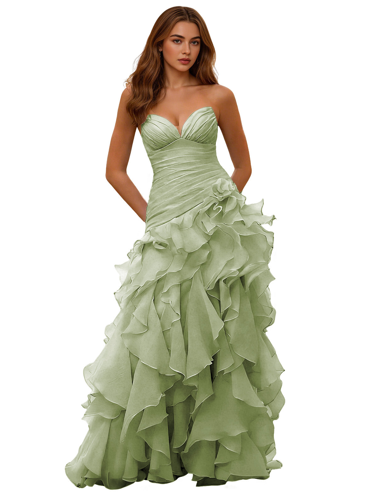 Strapless Organza Ruffle Ball Gown Prom Dress with Draped Corset Bodice