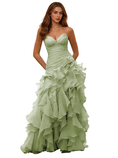 Strapless Organza Ruffle Ball Gown Prom Dress with Draped Corset Bodice