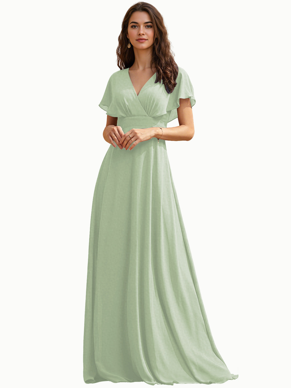 Flutter Sleeve V-Neck Chiffon Bridesmaid Dress with Flowing dress