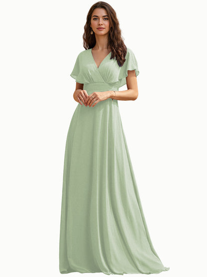 Flutter Sleeve V-Neck Chiffon Bridesmaid Dress with Flowing dress