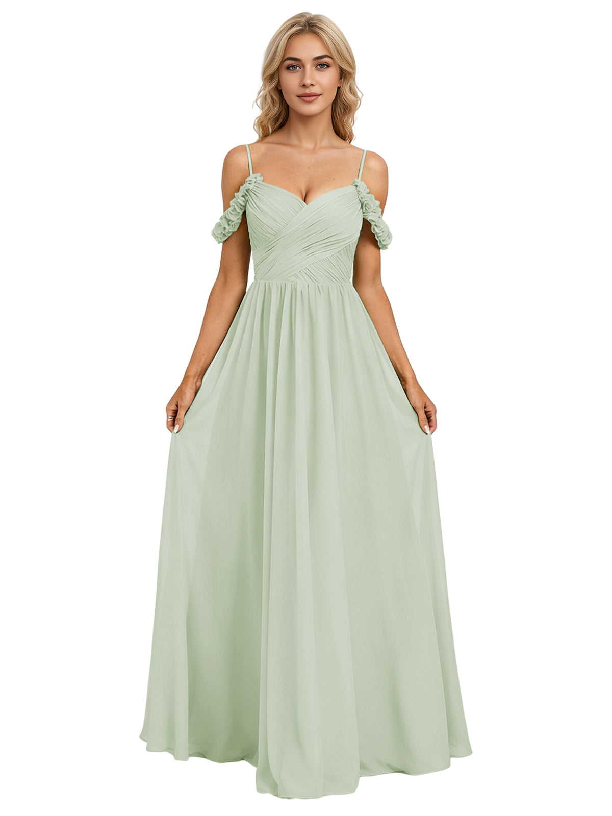 Off Shoulder Lace Applique Bridesmaid Dress with Flowing Chiffon dress