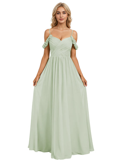 Off Shoulder Lace Applique Bridesmaid Dress with Flowing Chiffon dress
