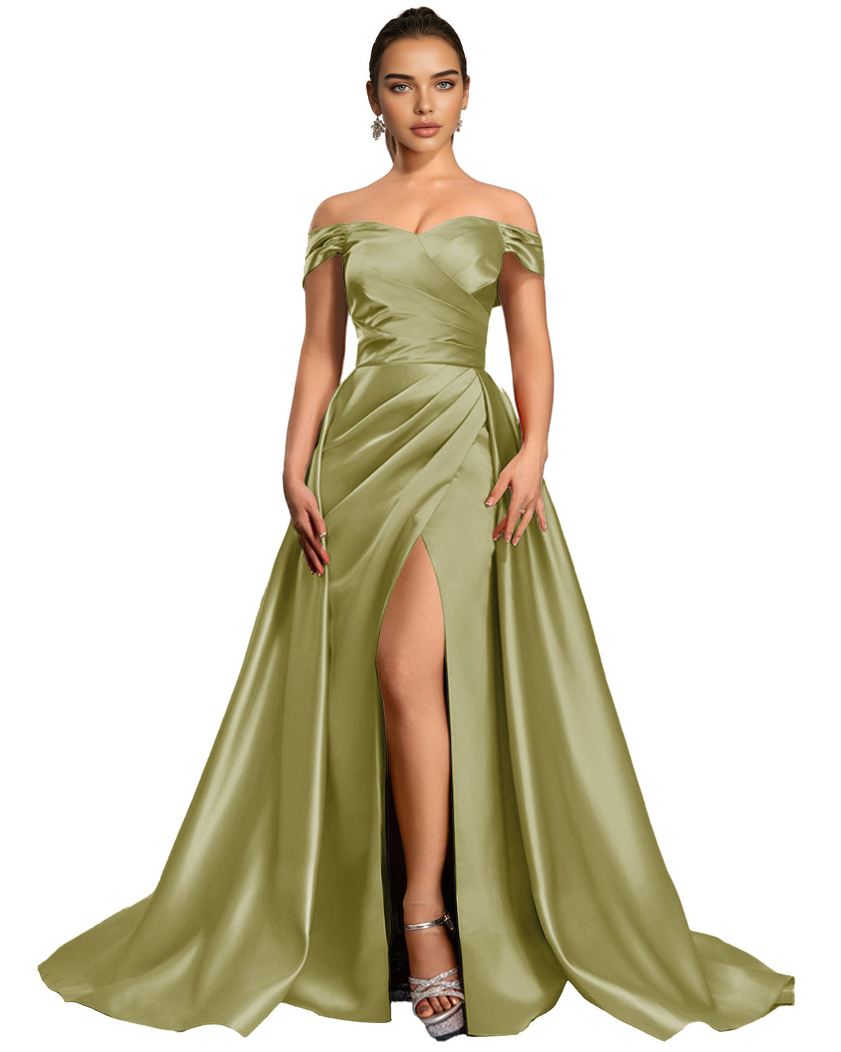 Off Shoulder Satin Ball Gown Prom Dress with Draped Bodice and Slit