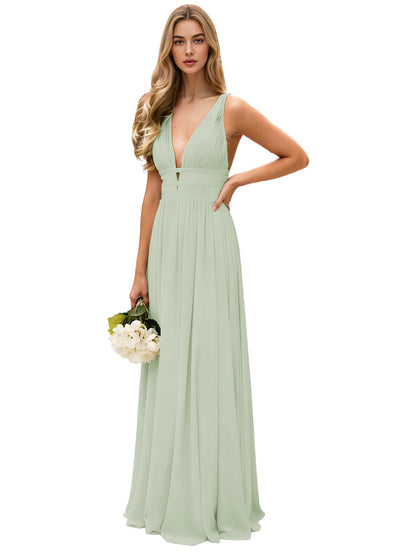 Spaghetti Strap V-Neck Chiffon Bridesmaid Dress with Open Back