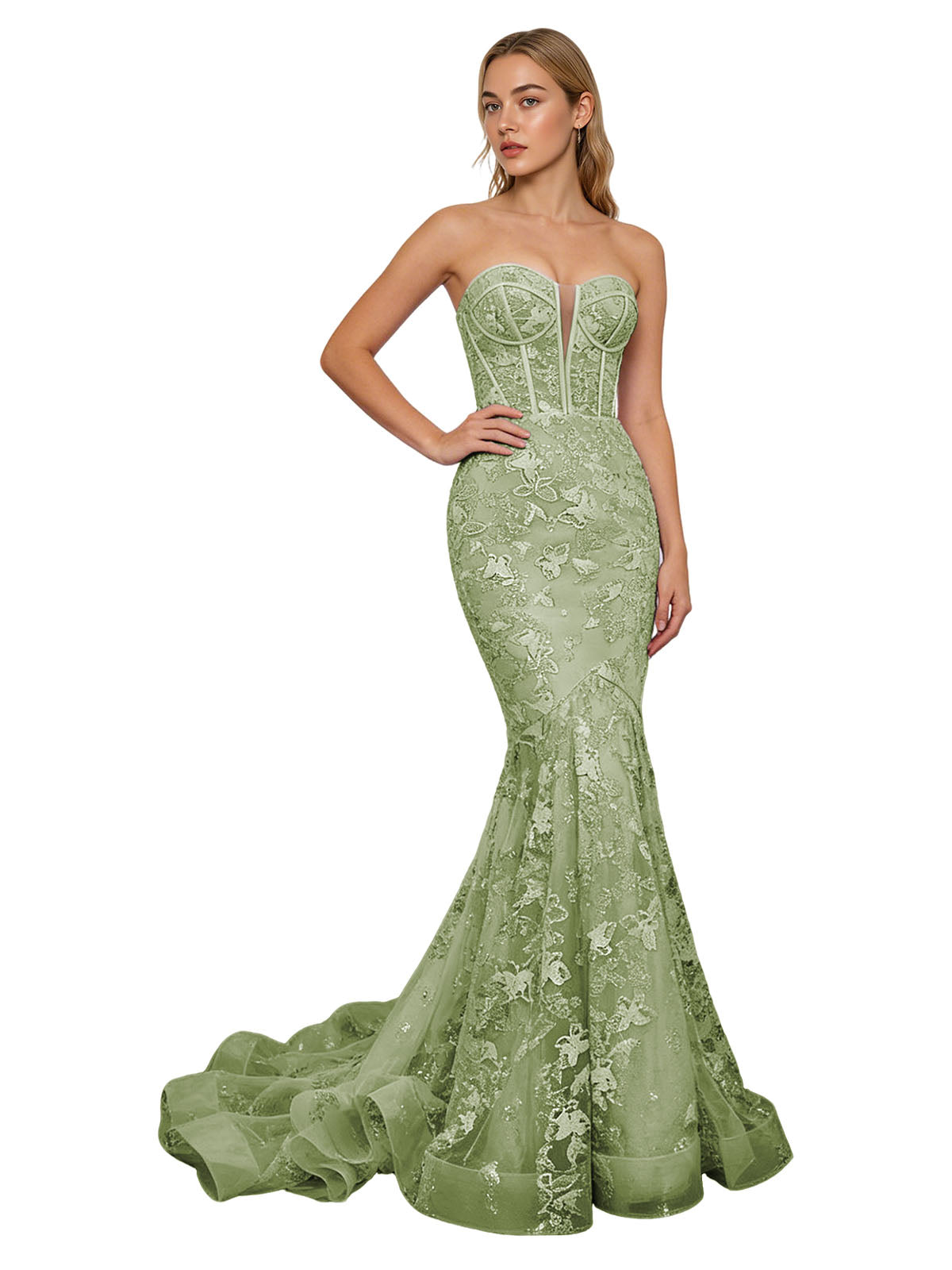 Strapless Lavender Lace Mermaid Prom Dress with Sheer Corset and Train