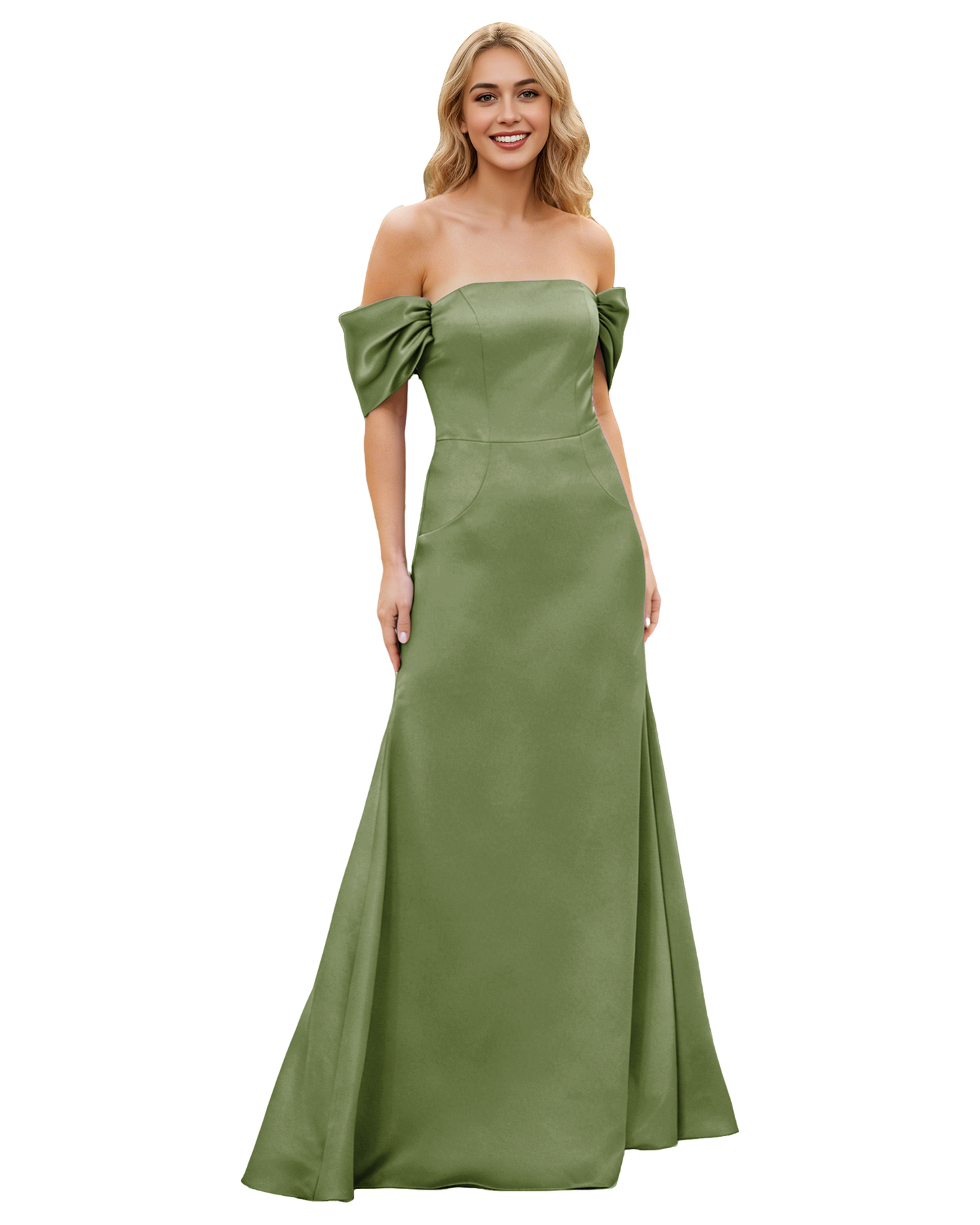 Off Shoulder Satin Bridesmaid Dress with Foldover Neckline and Trumpet Dress