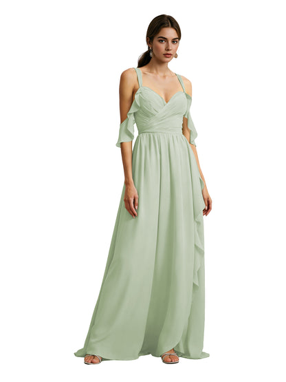 Cold Shoulder Chiffon Bridesmaid Dress with Draped V-Neck Bodice