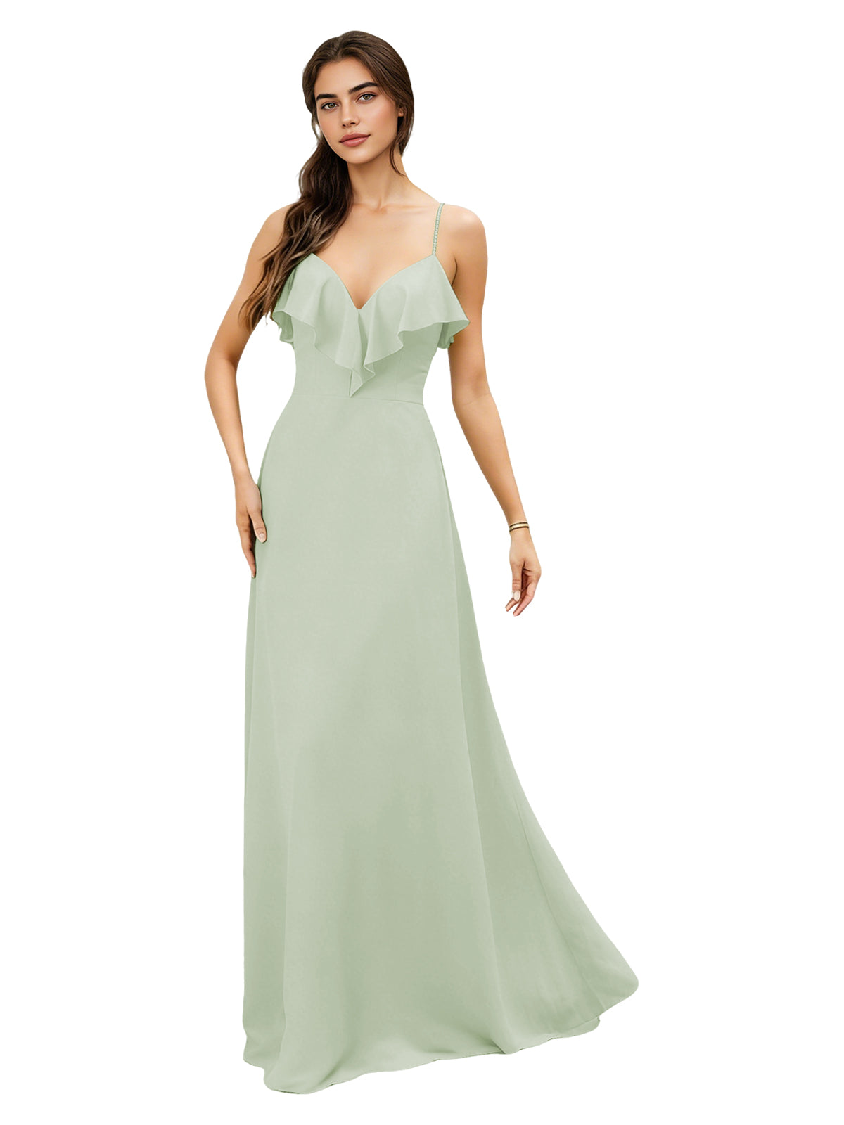 Ruffle V-Neck Chiffon Bridesmaid Dress with Spaghetti Straps