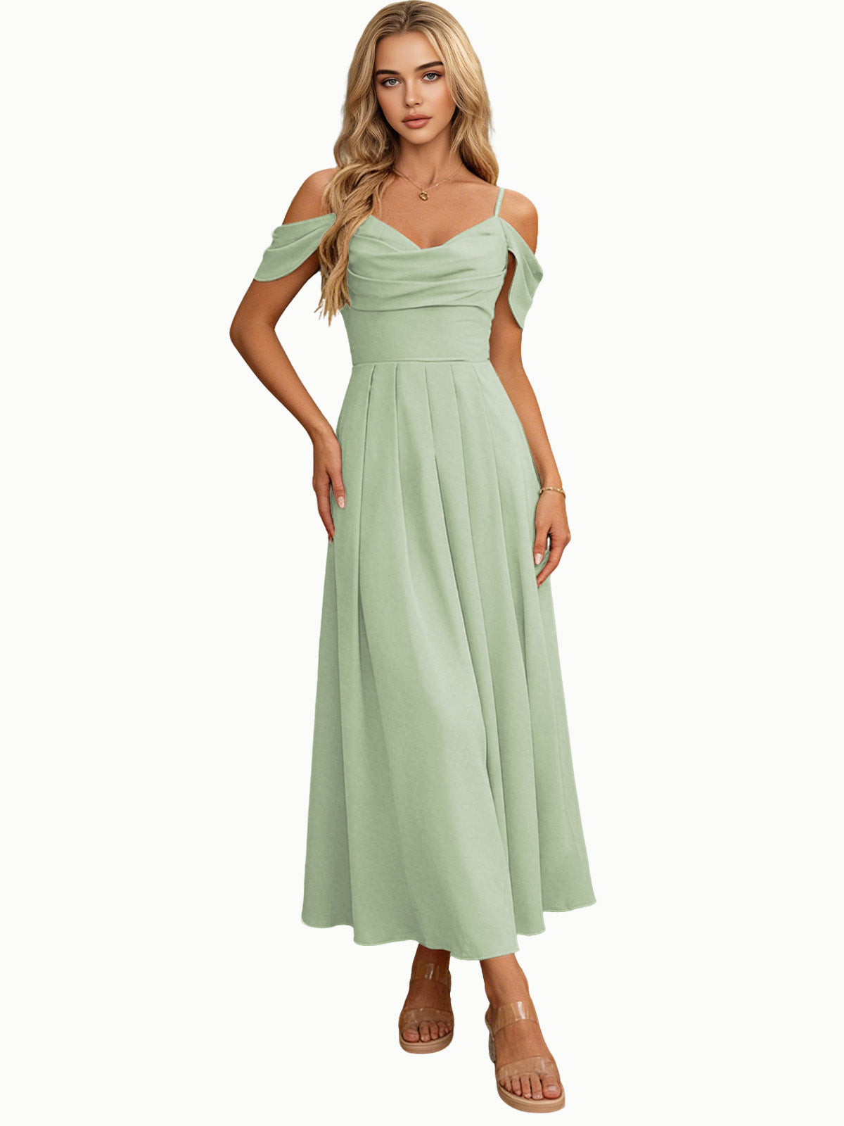 Off Shoulder Midi Bridesmaid Dress with Pleated Bodice and Flowing dress