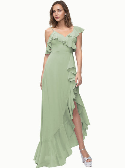 Asymmetrical Ruffle Chiffon Bridesmaid Dress with High Low Slit