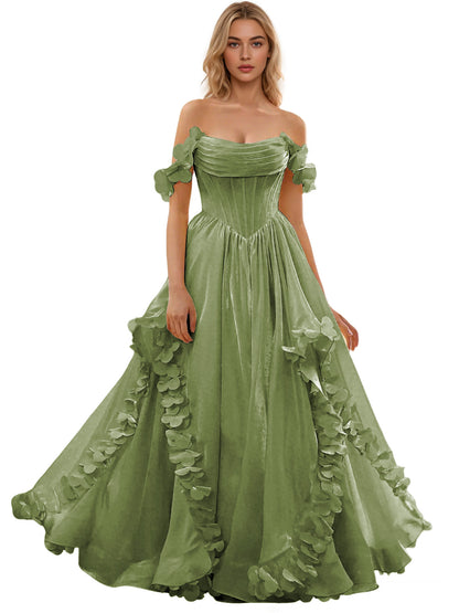 Off Shoulder Ruffle Tulle Ball Gown Prom Dress with Floral Applique