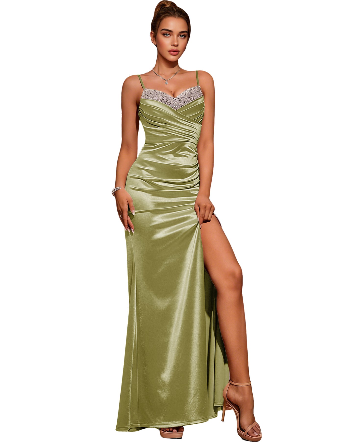 Strapless Pleated Satin Column Prom Dress with Draped Bodice and Slit