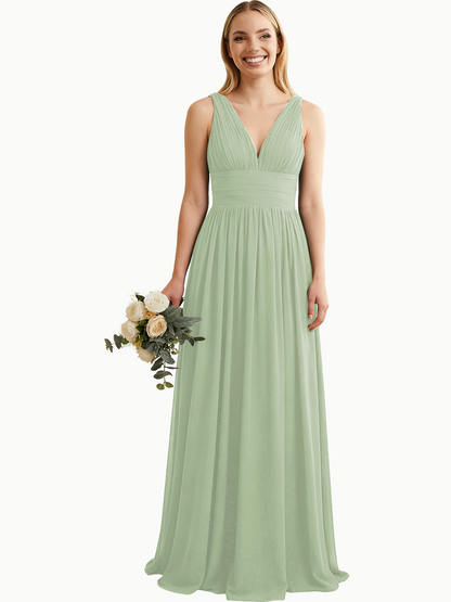 Deep V-Neck Chiffon Bridesmaid Dress with Pleated Waist