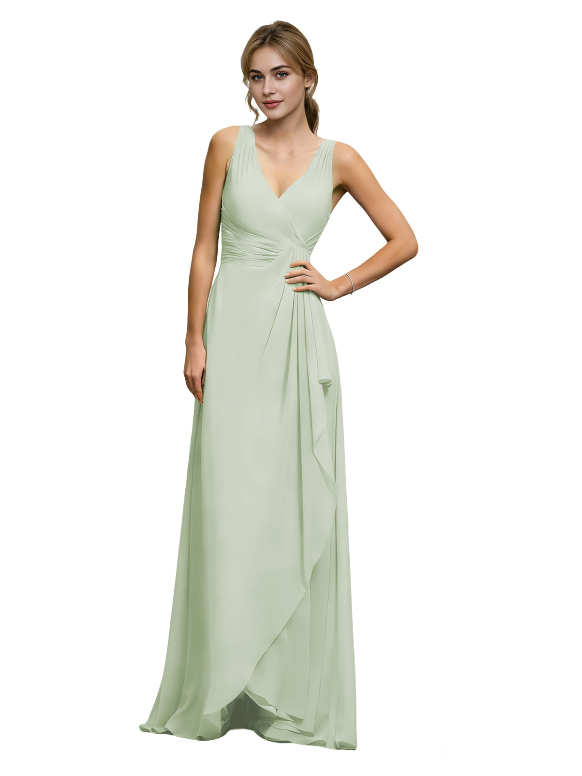 Halter V-Neck Chiffon Bridesmaid Dress with Draped Sash Waist