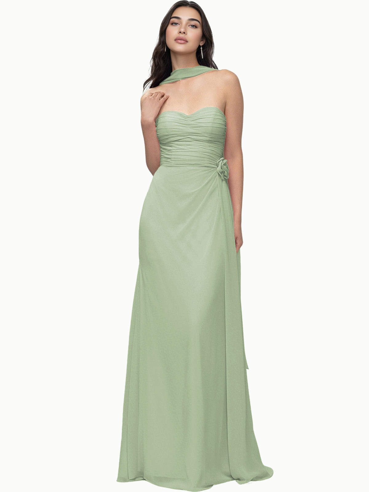 Strapless Chiffon Bridesmaid Dress with Wrapped Bodice and Slit Dress