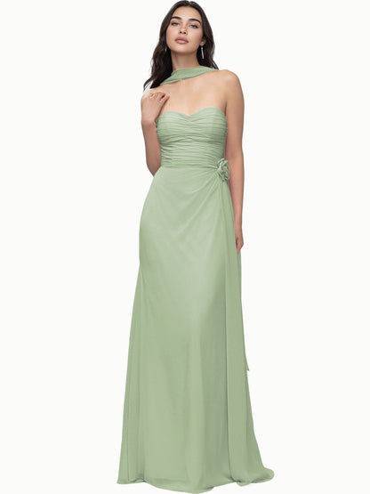 Strapless Chiffon Bridesmaid Dress with Wrapped Bodice and Slit Dress