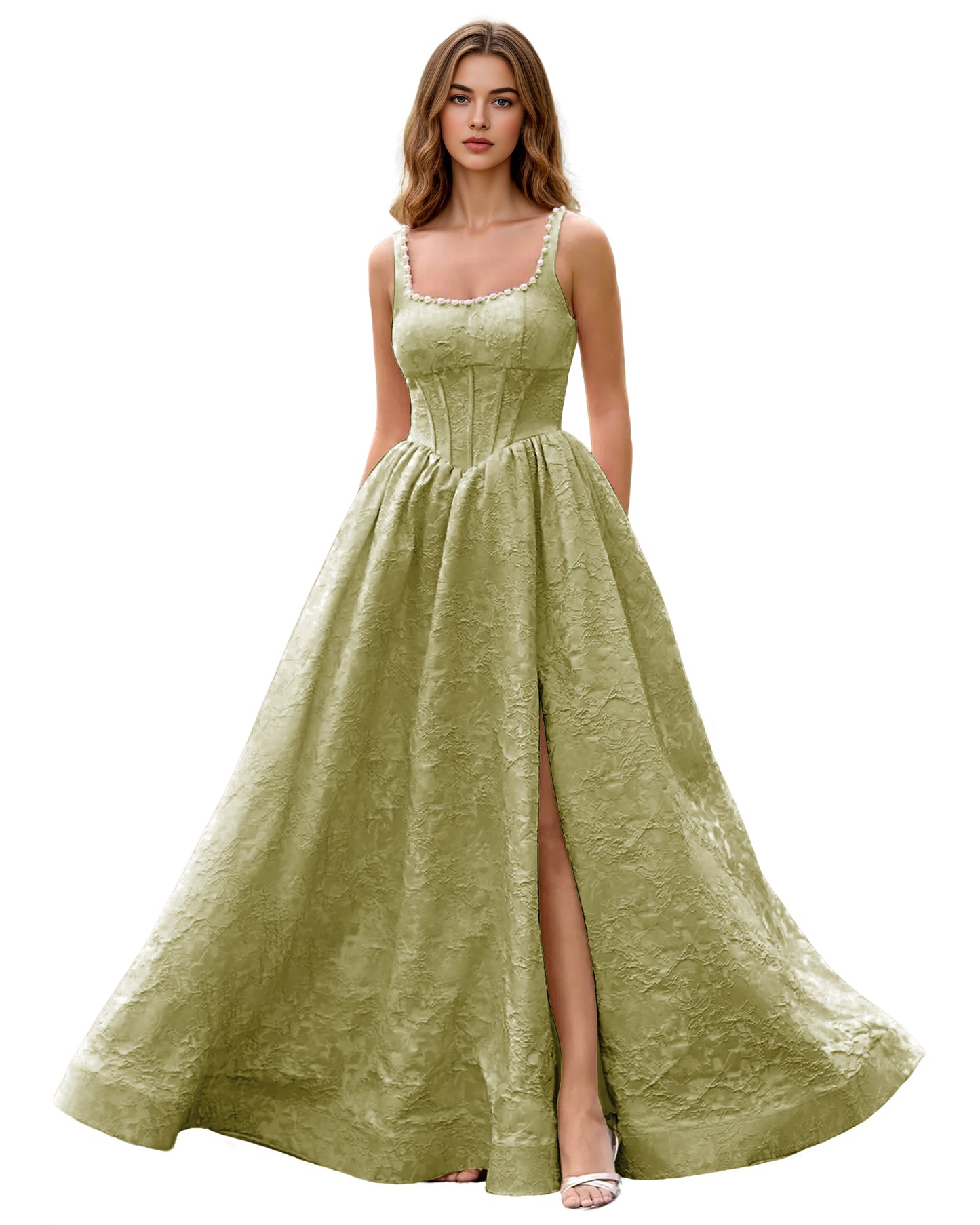Square Neck Jacquard Ball Gown Prom Dress with Wide Straps and Pockets