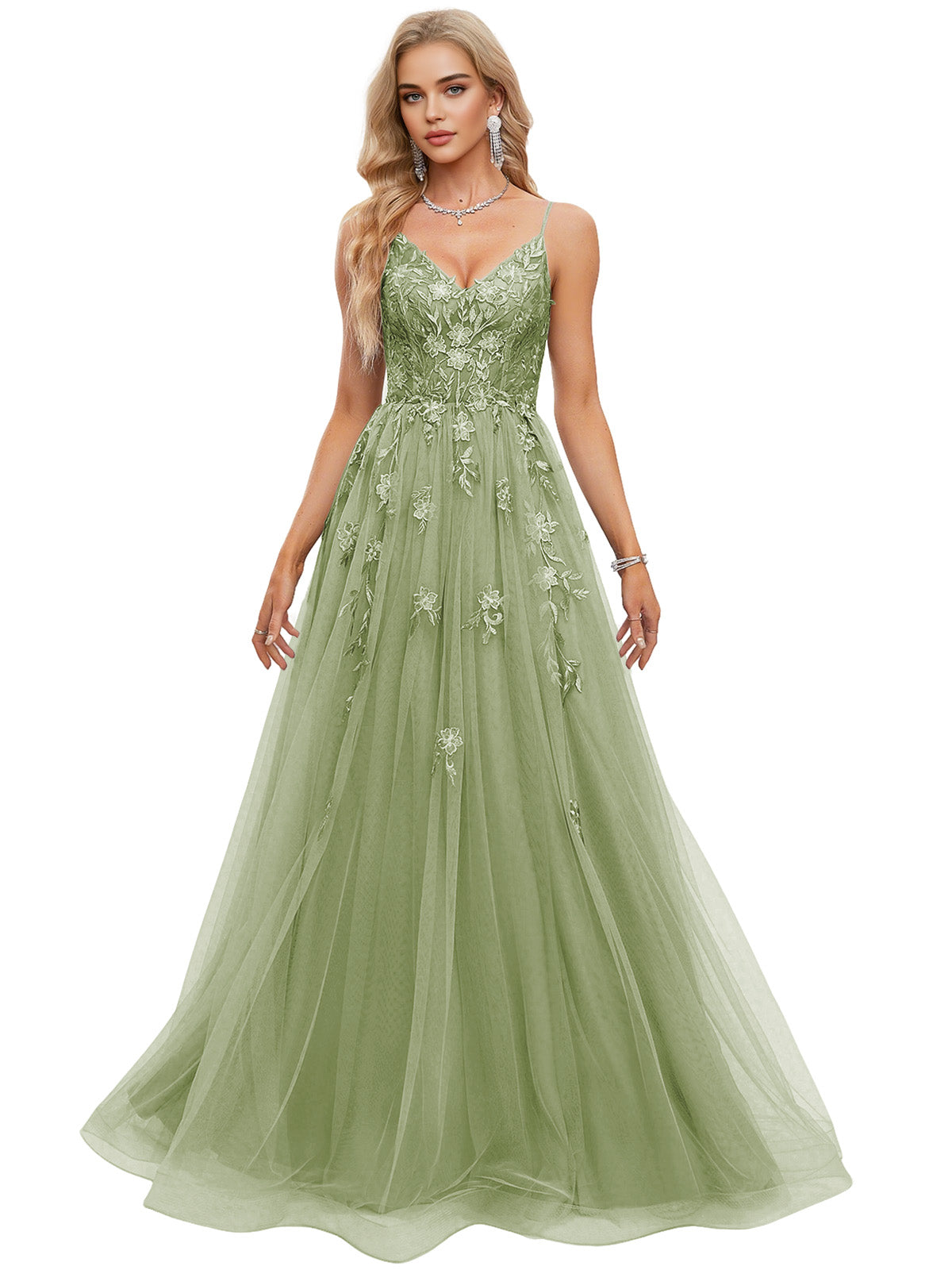 Beaded Bodice Tulle Ball Gown Prom Dress with Spaghetti Straps