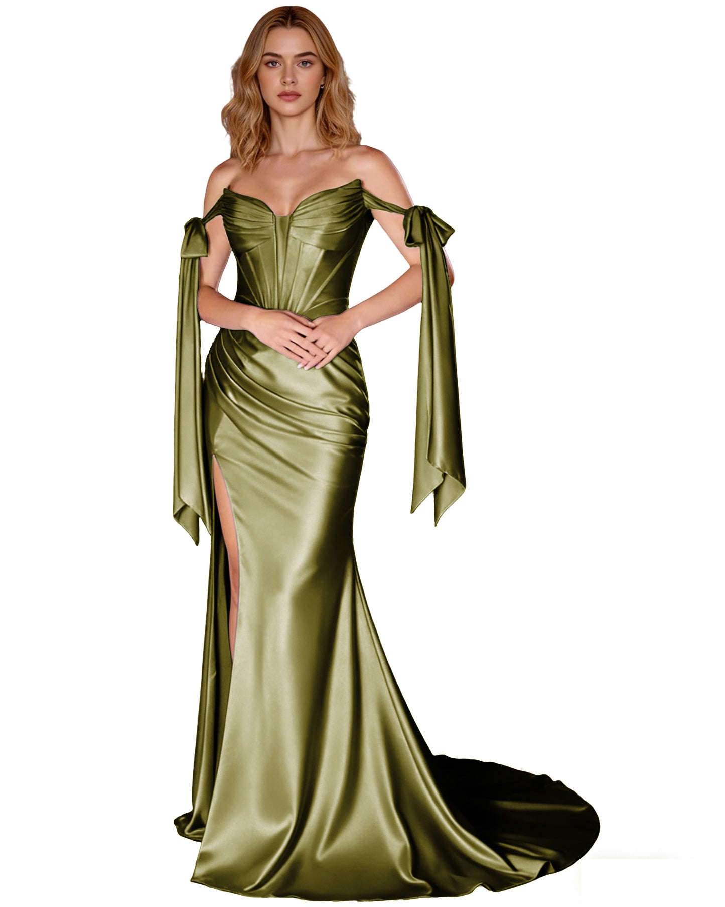Off Shoulder Satin Mermaid Prom Dress with Detachable Long Sleeves