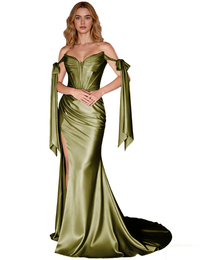 Off Shoulder Satin Mermaid Prom Dress with Detachable Long Sleeves