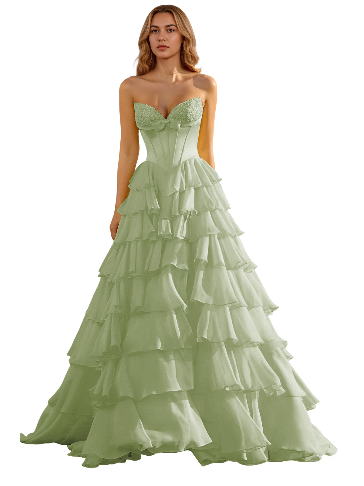 Strapless Tiered Organza Ball Gown Prom Dress with Corset Top