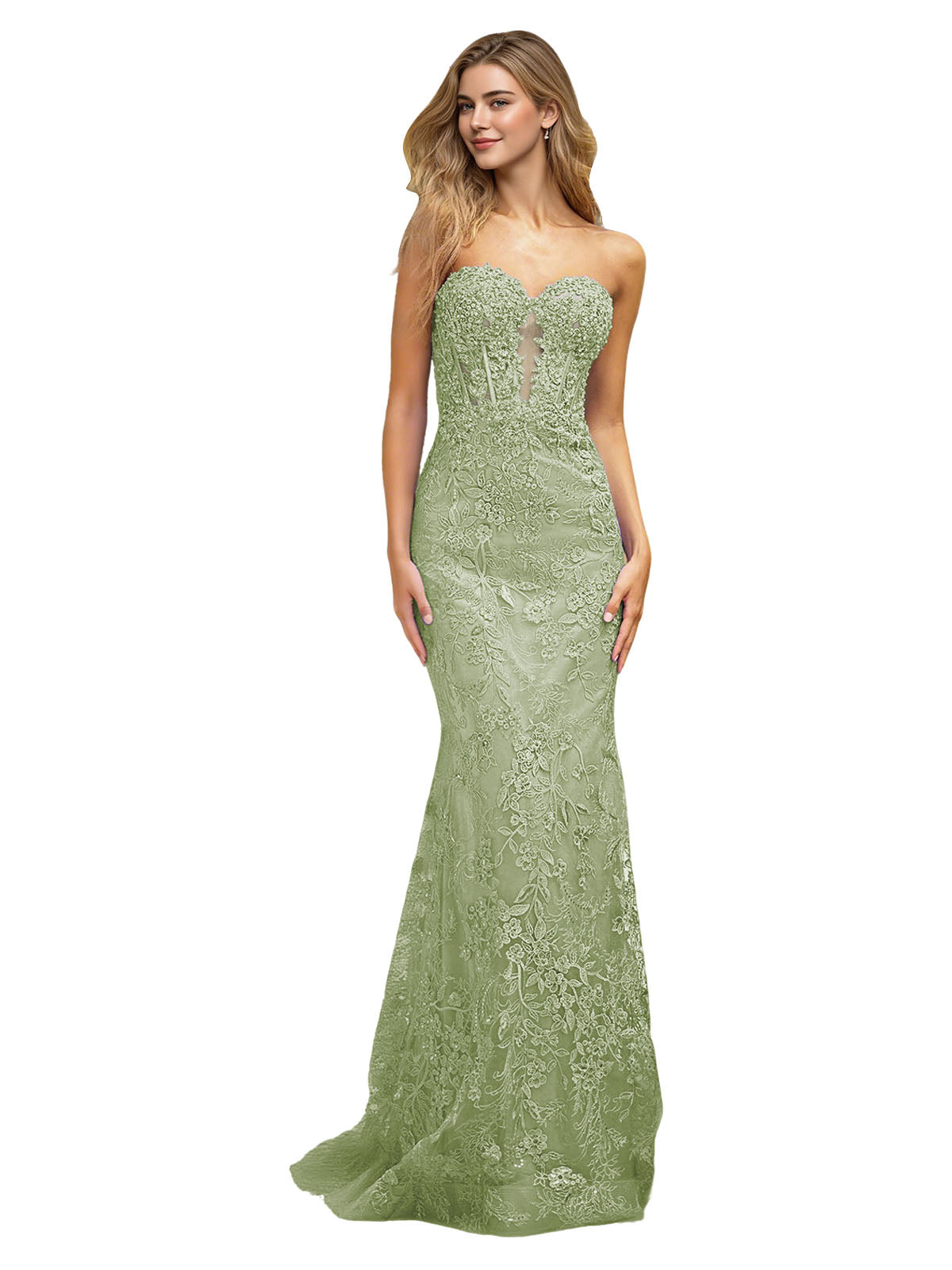 Strapless Floral Lace Mermaid Prom Dress with Sparkle Applique and Train