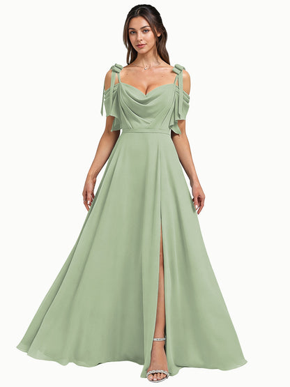 Cowl Neck Cold Shoulder Bridesmaid Dress with High Slit Chiffon Dress