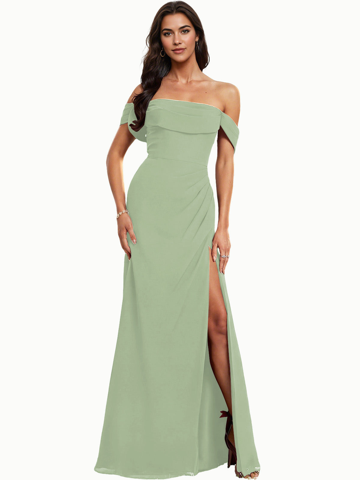 Off Shoulder Crepe Bridesmaid Dress with Foldover Neckline and Slit