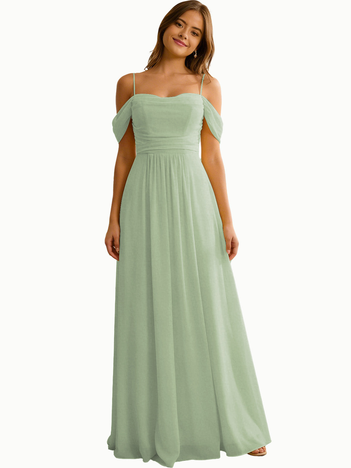 Off Shoulder Chiffon Bridesmaid Dress with Soft Pleated Bodice