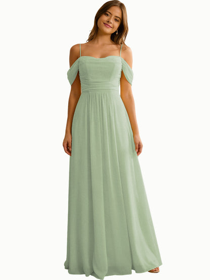 Off Shoulder Chiffon Bridesmaid Dress with Soft Pleated Bodice