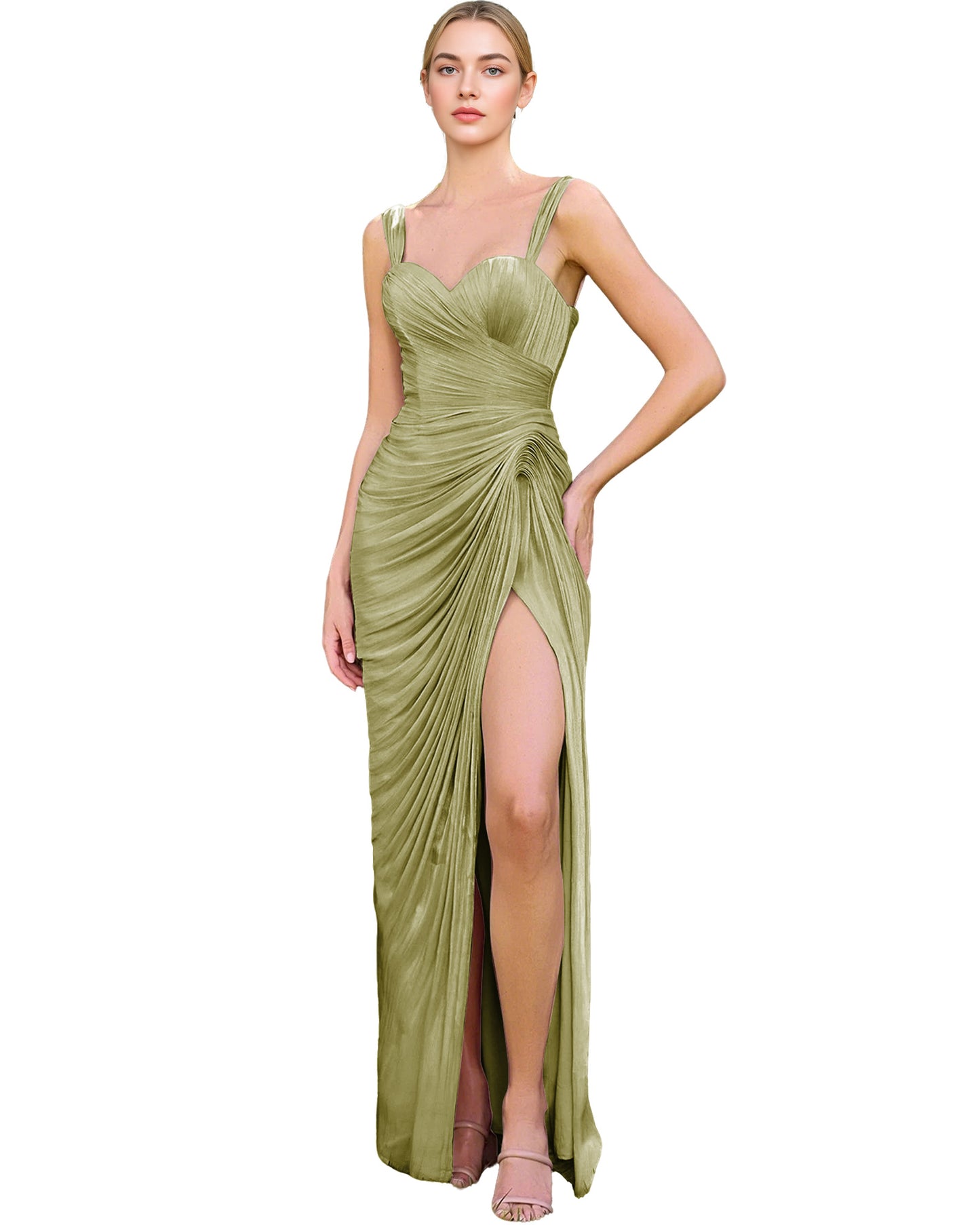 Spaghetti Strap Ruched Satin Sheath Prom Dress with Lace-Up Back and Slit
