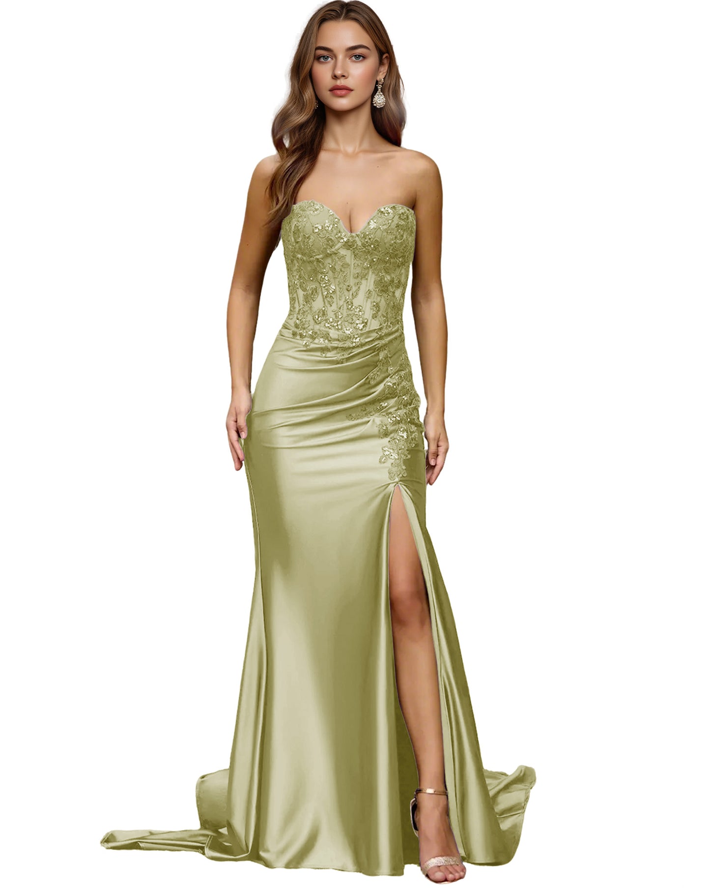 Strapless Emerald Satin Mermaid Prom Dress with Beaded Bodice and Slit