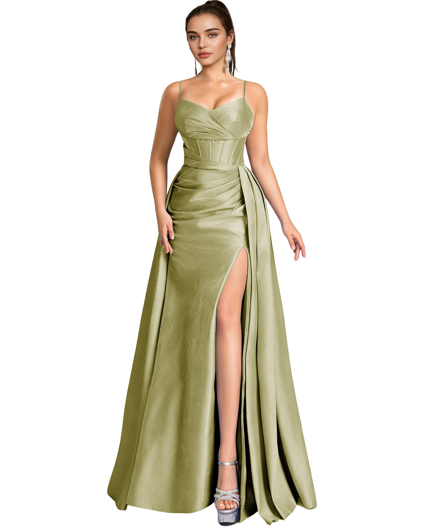 One Shoulder Satin A-Line Prom Dress with Wrap Bodice and Side Slit