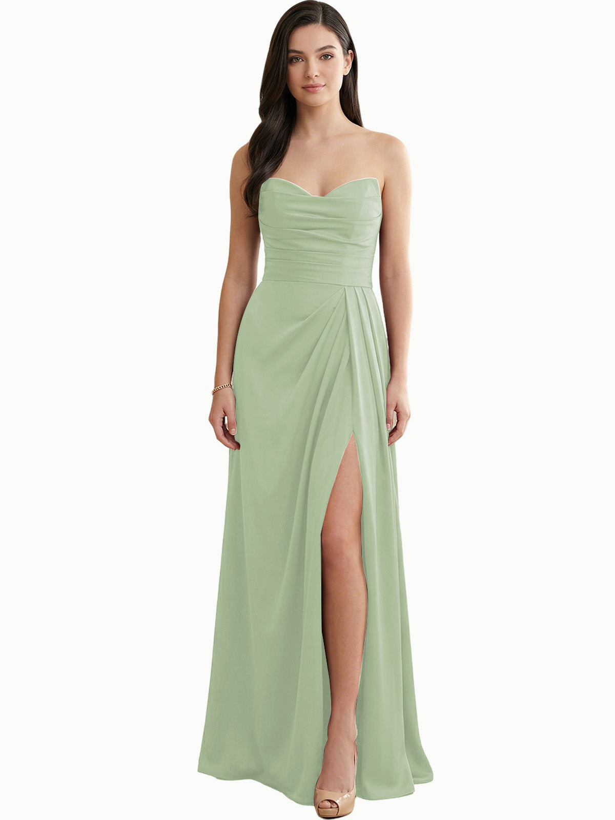 Strapless Pleated Satin Bridesmaid Dress with Side Slit
