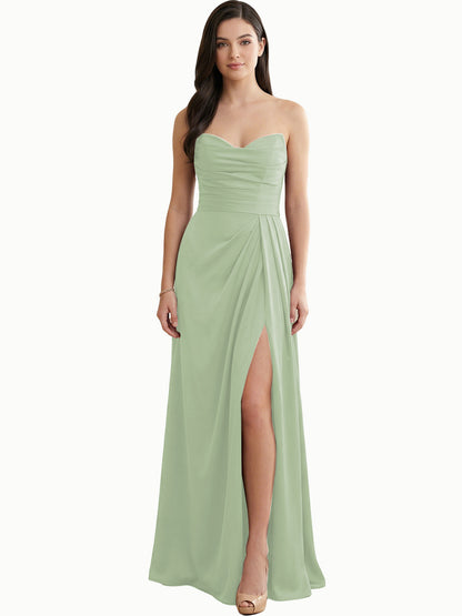 Strapless Pleated Satin Bridesmaid Dress with Side Slit