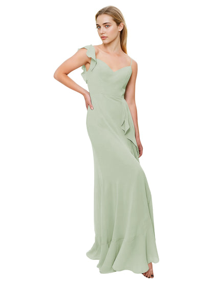 V-Neck Ruffle Strap Bridesmaid Dress with Cascading Chiffon Dress