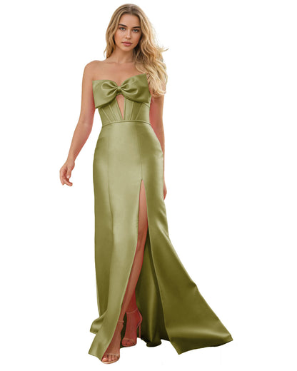 Strapless Bow Satin Prom Dress with Corset Bodice and High Slit